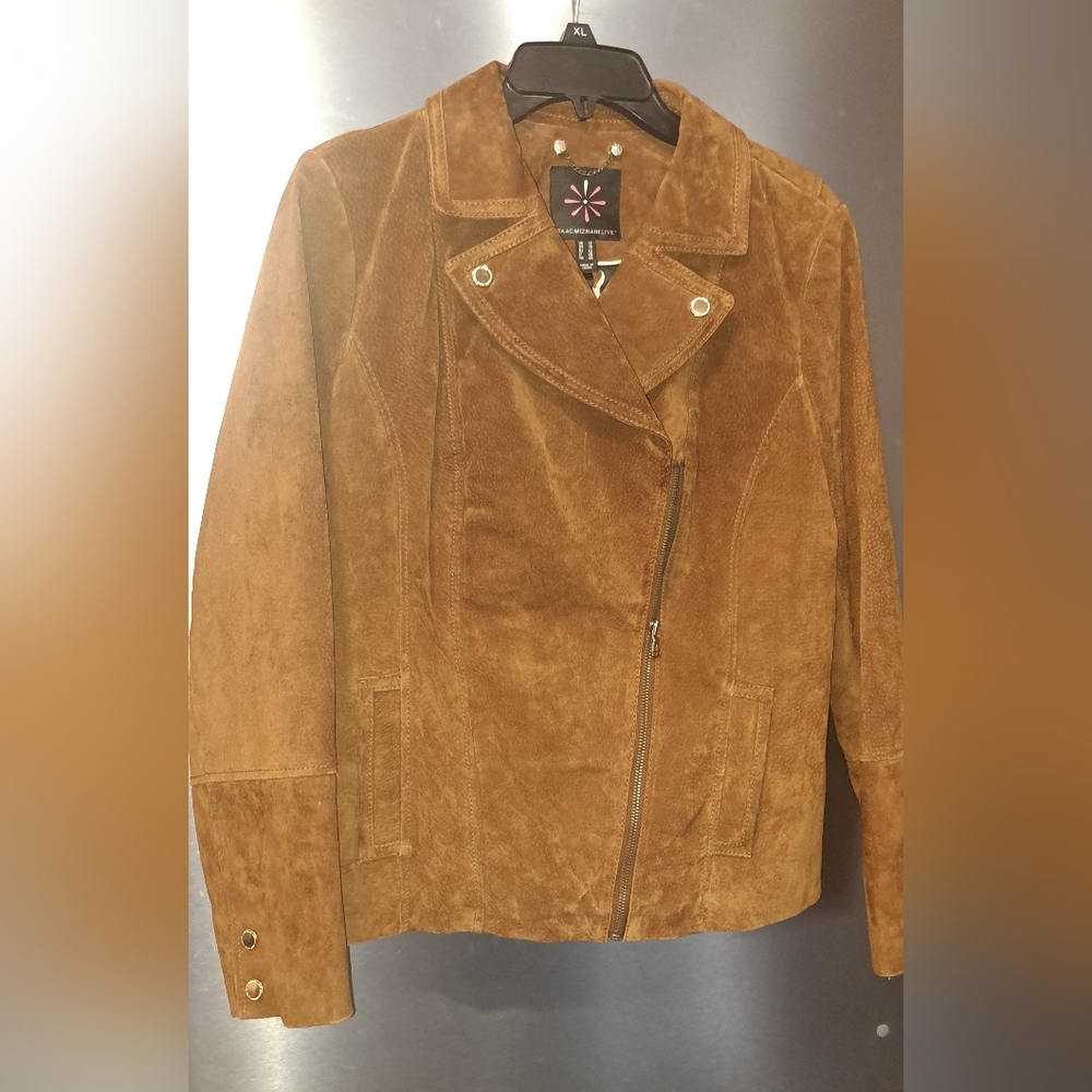 Gorgeous Isaac Mizrahi Leather Suede Motorcycle Moto Jacket Brown Gold Trim 12 - Picture 4 of 15